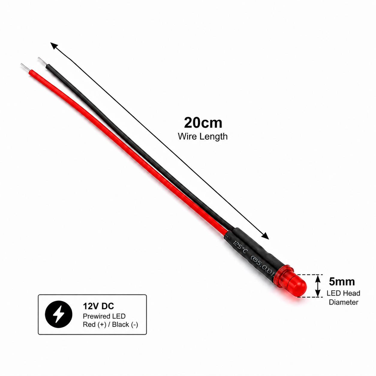 5mm Pre-wired Diffused LED — 20cm - 12V