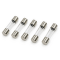 Five 1A 5x20mm glass fuses with clear tubes and plated end caps, the minimum order