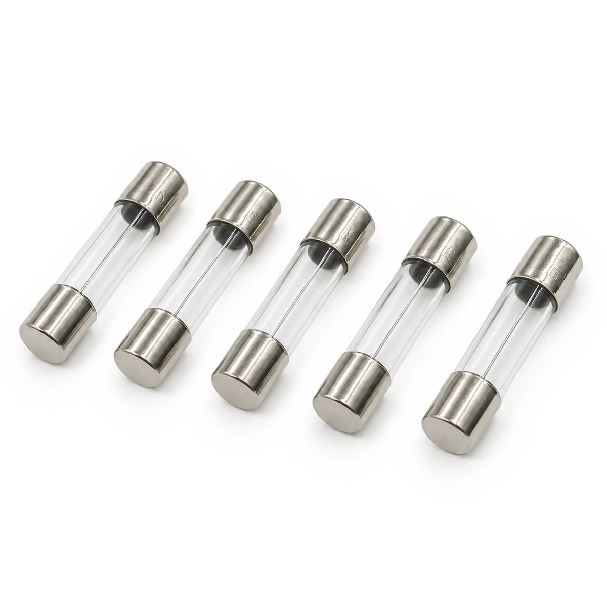 Five 1A 5x20mm glass fuses with clear tubes and plated end caps, the minimum order