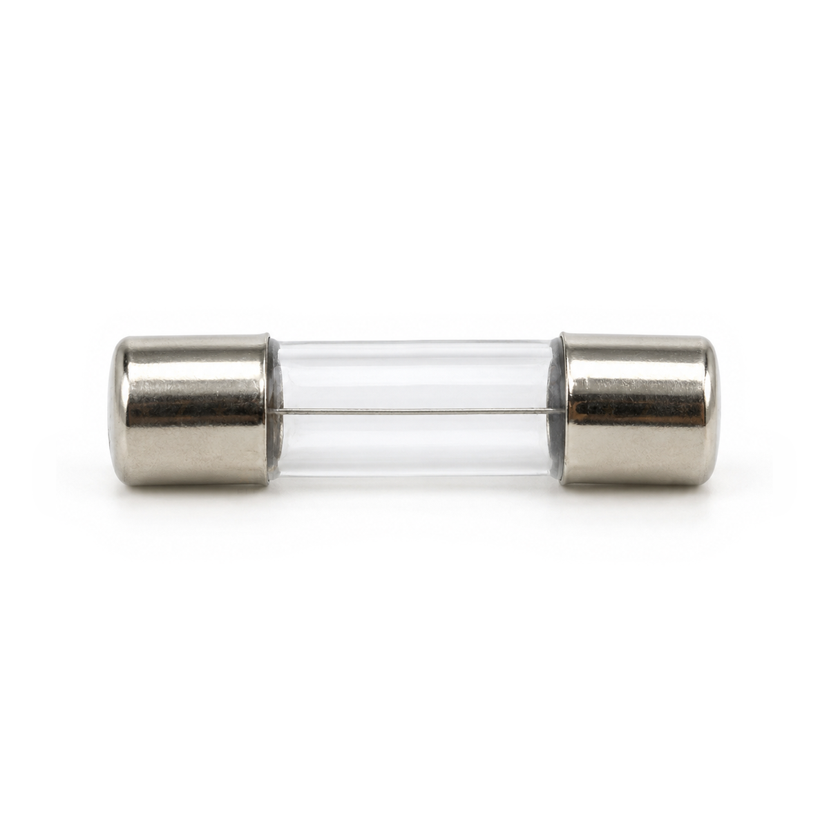 Side view of a single 5x20mm fast-blow glass fuse showing the thin fuse wire running cap to cap