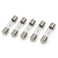 Five 1A 5x20mm slow-blow glass fuses, each with a small solder bead on the wire, the minimum order