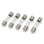 Five 1A 5x20mm slow-blow glass fuses, each with a small solder bead on the wire, the minimum order
