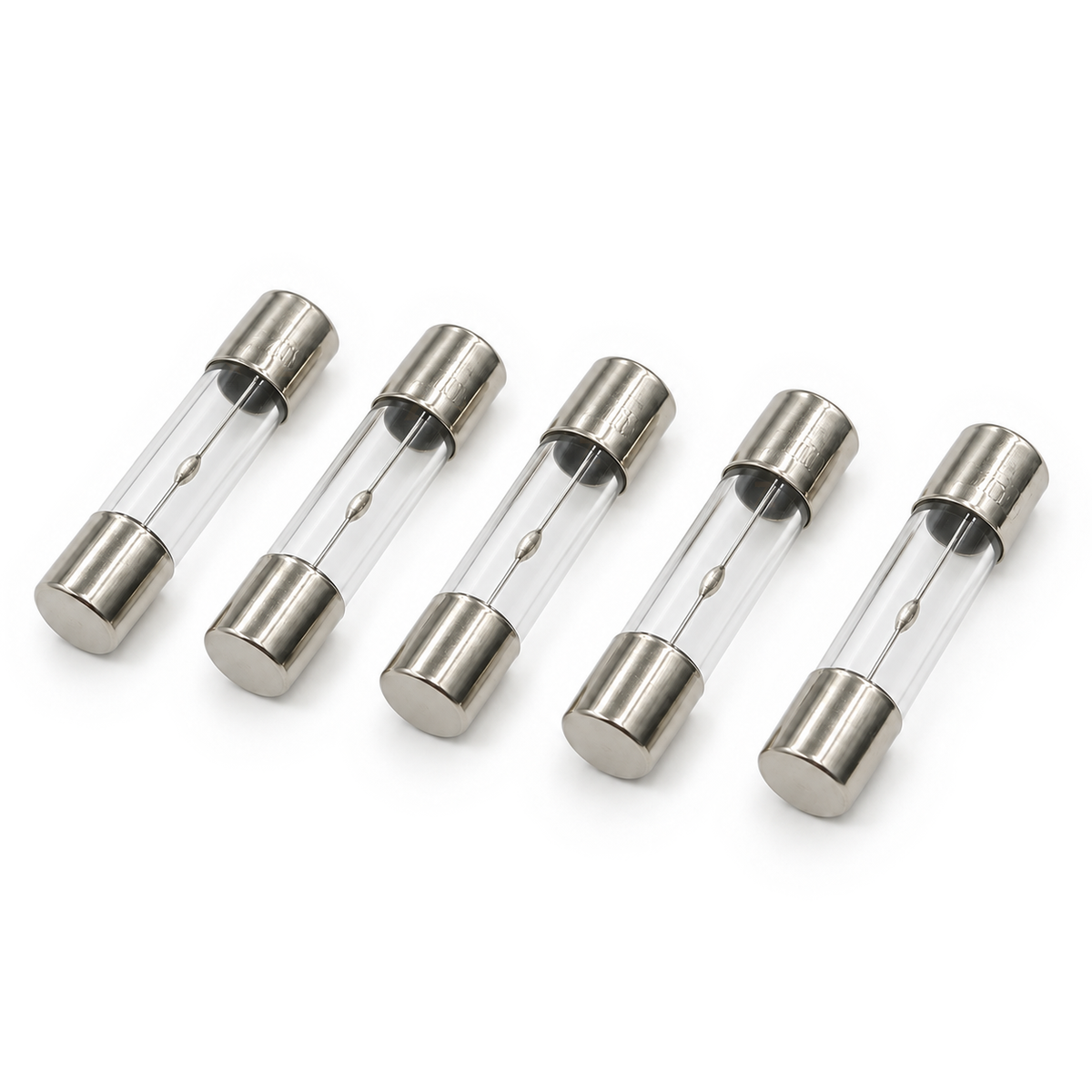 Five 1A 5x20mm slow-blow glass fuses, each with a small solder bead on the wire, the minimum order