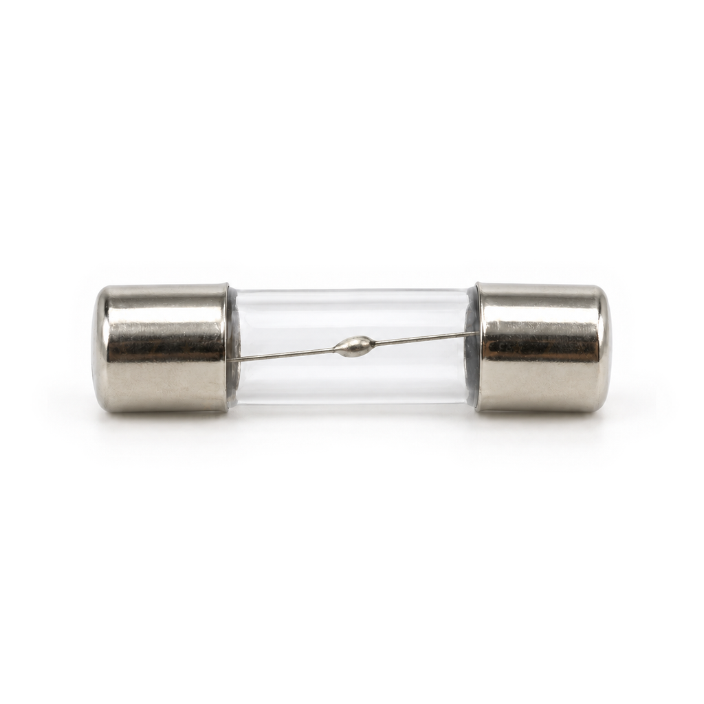 Side view of a single 5x20mm slow-blow glass fuse showing the slanted fuse wire and its solder bead