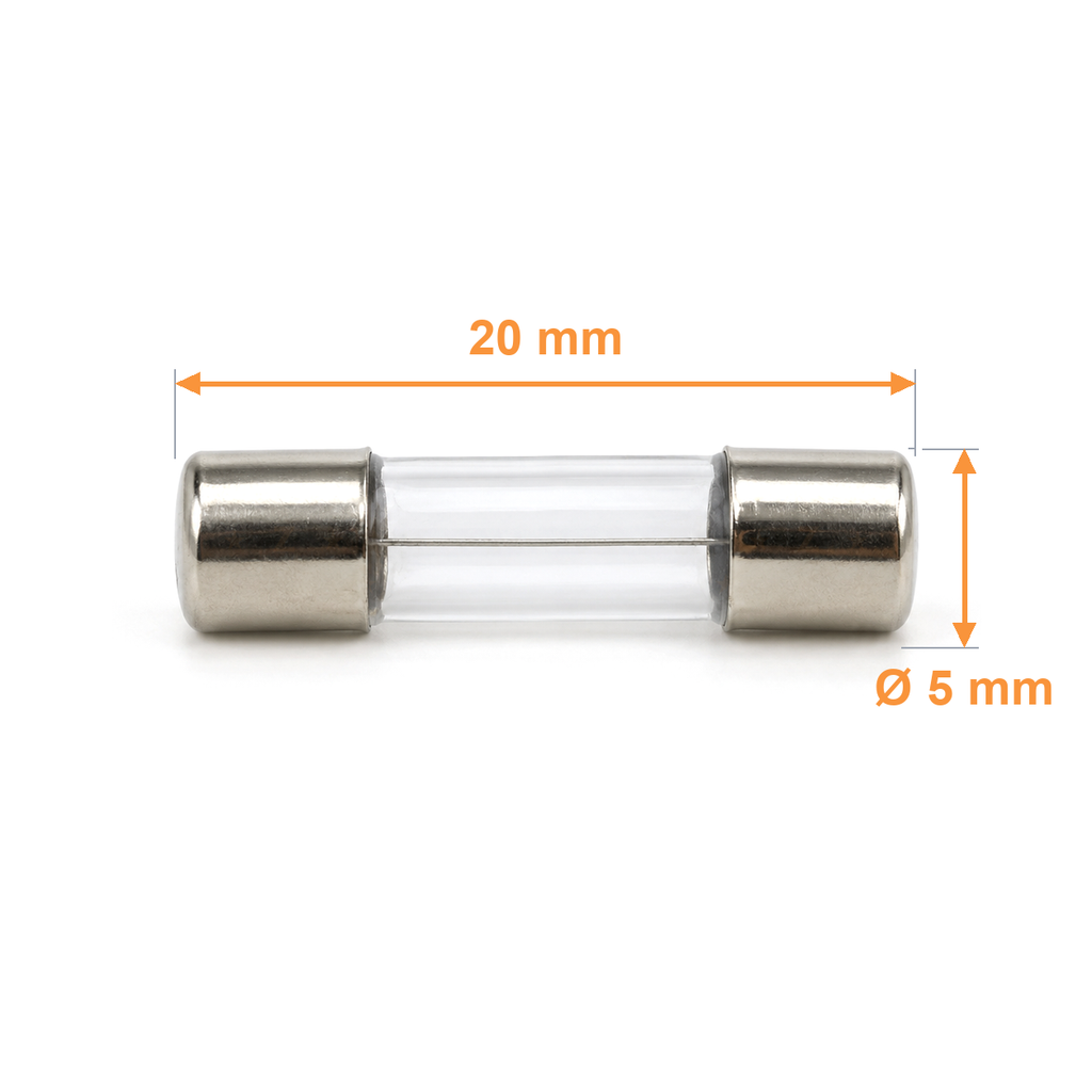 5x20mm glass fuse dimensions: 20 mm long cap to cap and 5 mm diameter