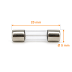 5x20mm glass fuse dimensions: 20 mm long cap to cap and 5 mm diameter