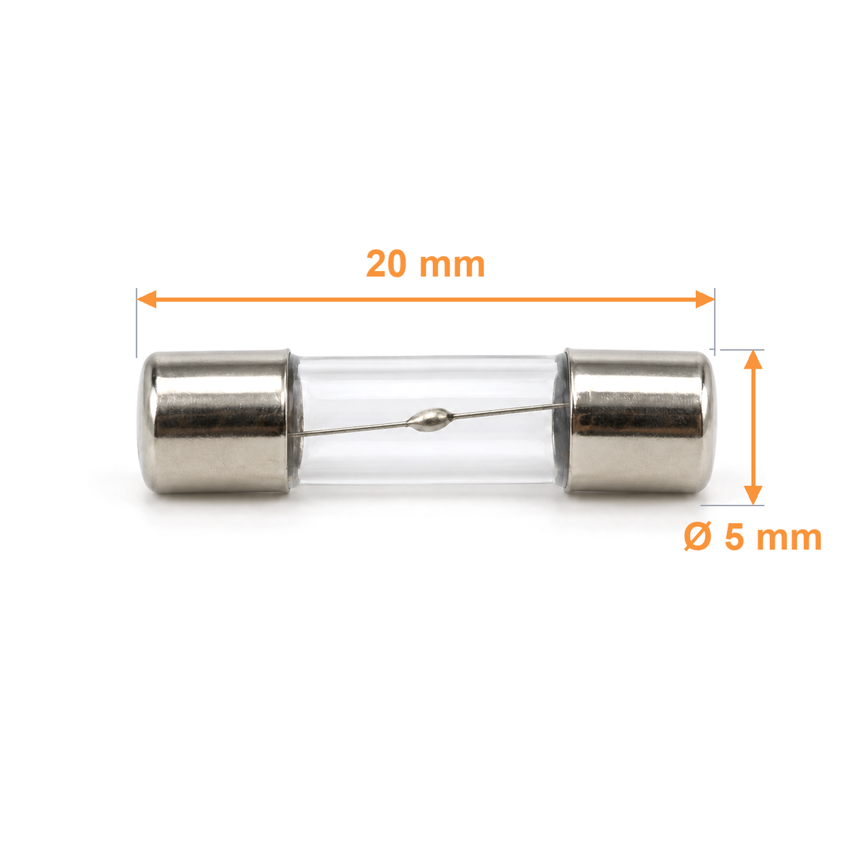 5x20mm slow-blow glass fuse dimensions: 20 mm long cap to cap and 5 mm diameter