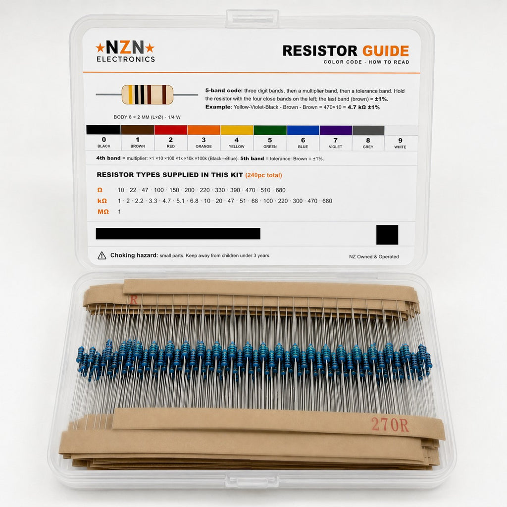 Metal film resistor kit in a labelled storage case