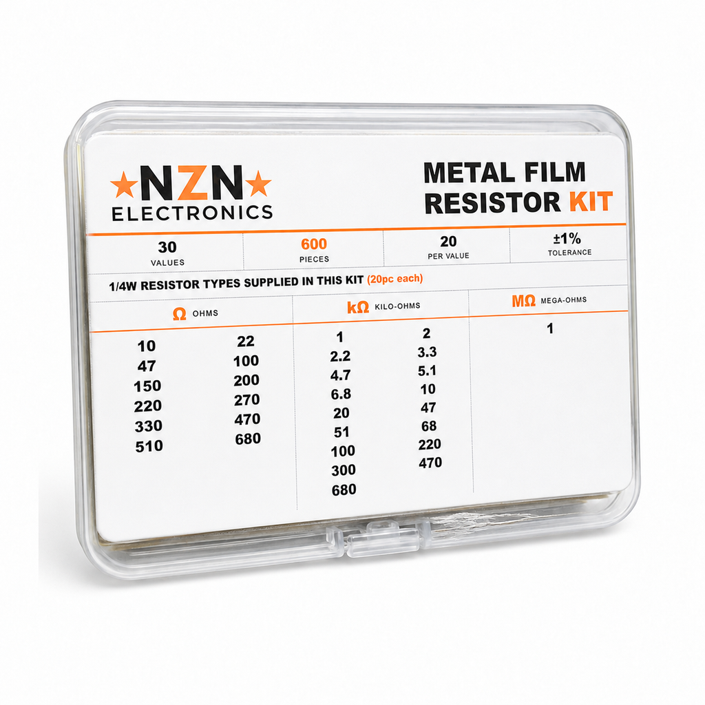 Clearance 600pc NZN metal film resistor kit, closed case with stress-whitened lid edge beside the hinge