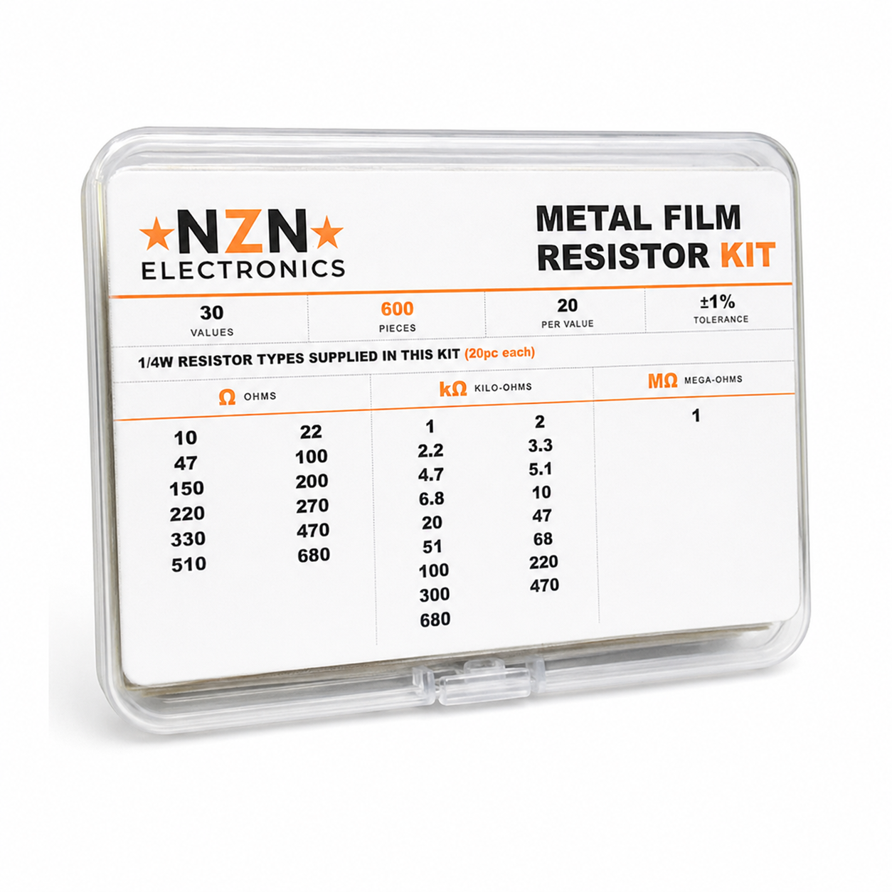 Metal film resistor assortment kit, 600 pieces across 30 values