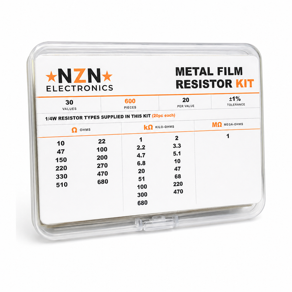 Metal film resistor assortment kit, 600 pieces across 30 values