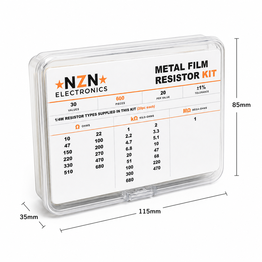 Metal film resistor dimensions, 1/4W axial through-hole
