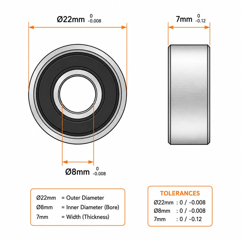 608-2RS bearing dimensions - 8mm bore, 22mm outer diameter, 7mm width with tolerances