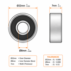 608-2RS bearing dimensions - 8mm bore, 22mm outer diameter, 7mm width with tolerances
