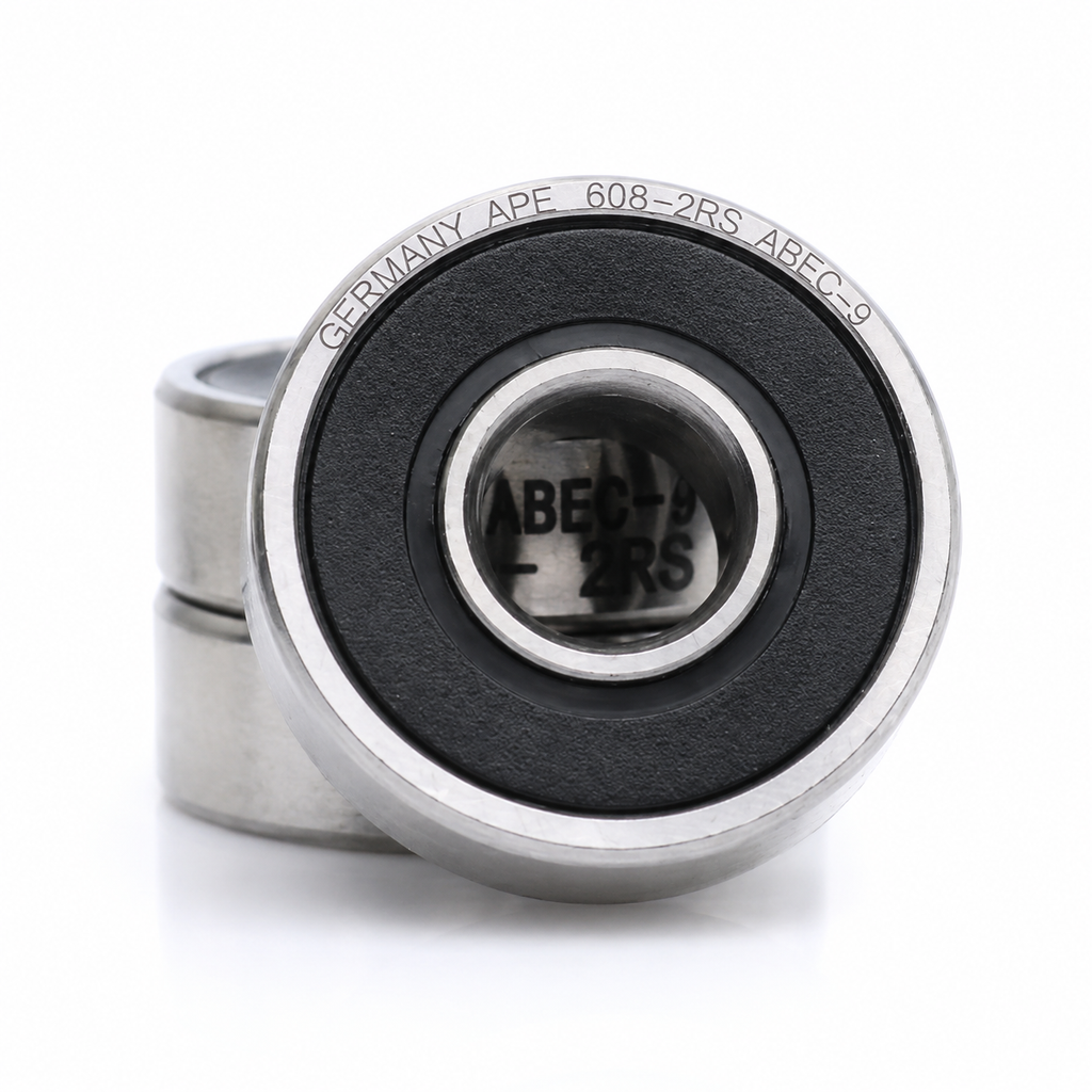 Ape 608-2RS bearing showing GERMANY APE ABEC-9 branding on rubber seal