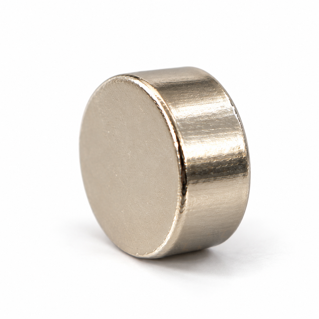 6 x 3 mm neodymium disc magnet standing on its edge, showing a flat pole face and the 3 mm thickness