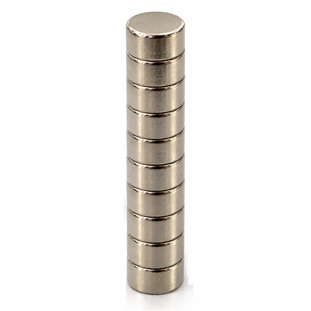 Ten 6 x 3 mm neodymium disc magnets stacked face to face in a column, 10 magnets shown