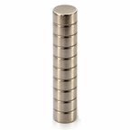 Ten 6 x 3 mm neodymium disc magnets stacked face to face in a column, 10 magnets shown