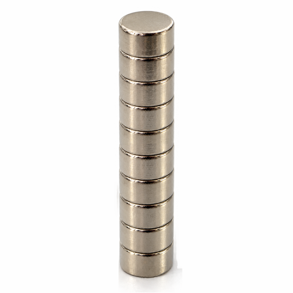 Ten 6 x 3 mm neodymium disc magnets stacked face to face in a column, 10 magnets shown