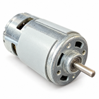 775 DC motor, three-quarter front view showing the 5mm shaft, front ball bearing, vents and threaded mounting holes
