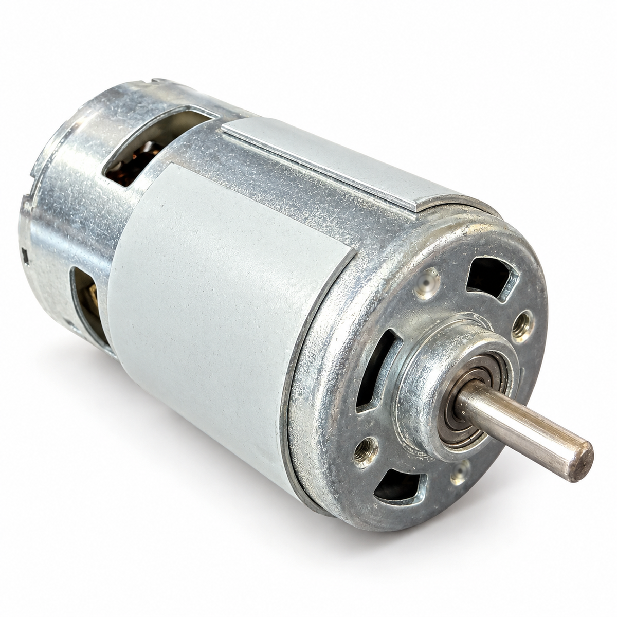 775 DC motor, three-quarter front view showing the 5mm shaft, front ball bearing, vents and threaded mounting holes