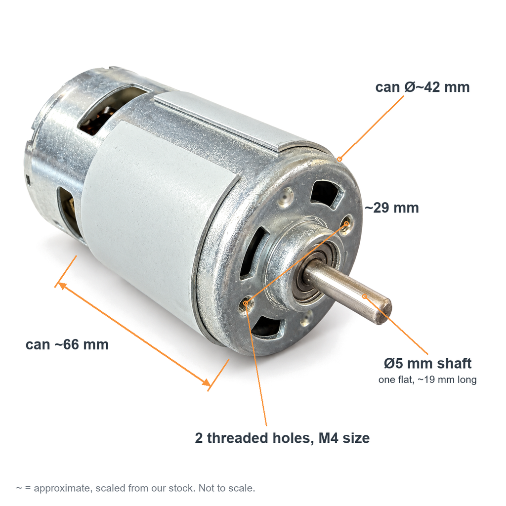 775 DC motor dimensions: can about 42mm across and 66mm long, 5mm shaft about 19mm long, two M4-size holes about 29mm apart