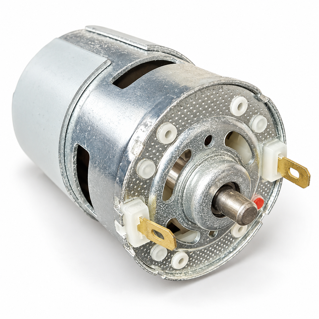 Rear of the 775 DC motor showing the two solder tab terminals and the red dot beside the + tab