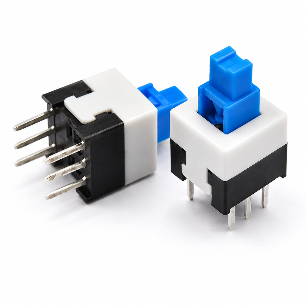 7x7mm 6-pin DPDT push button switch with blue cap, front and side view