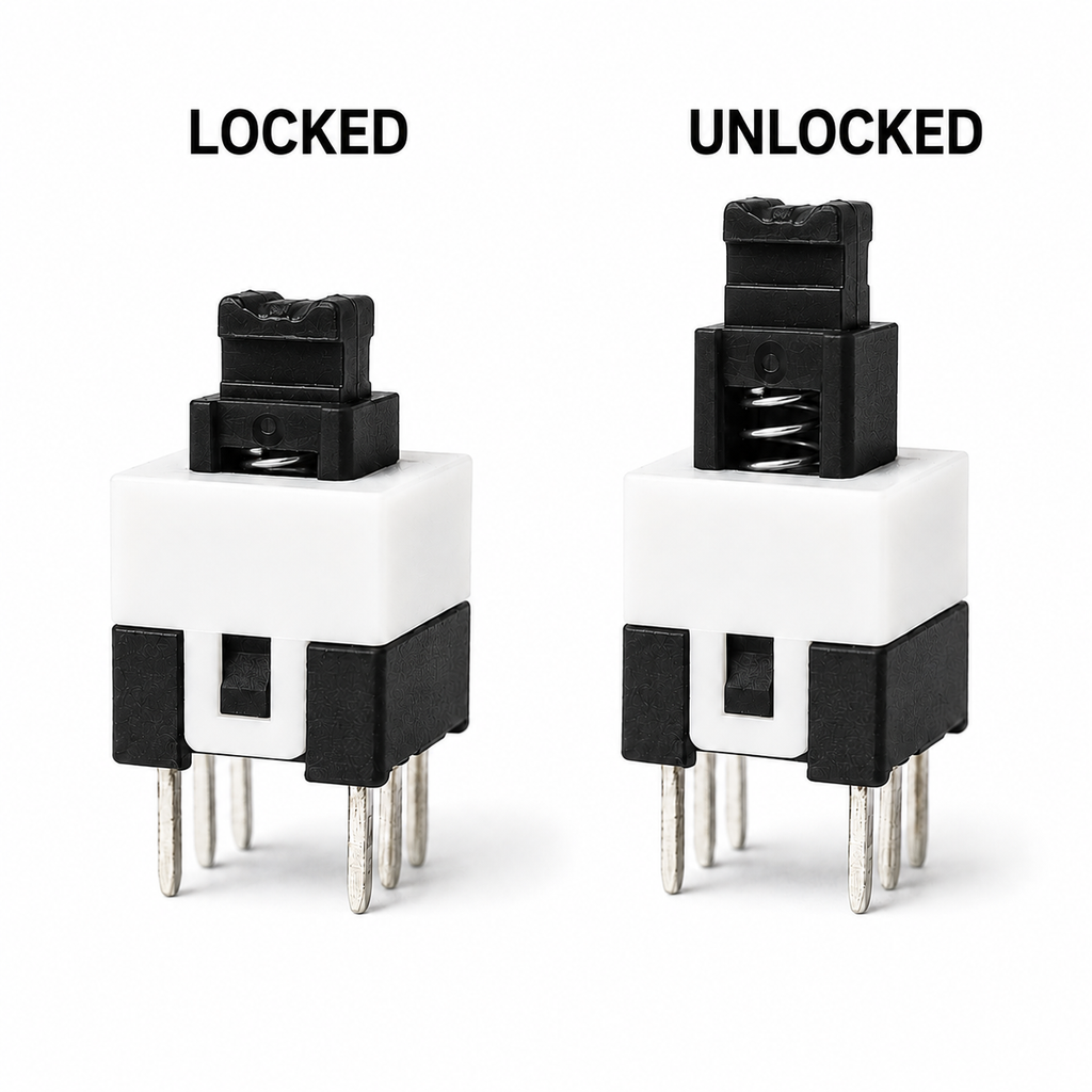 8.5x8.5mm push button switch shown locked and unlocked, self-locking latch action