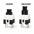 8.5x8.5mm push button switch shown locked and unlocked, self-locking latch action