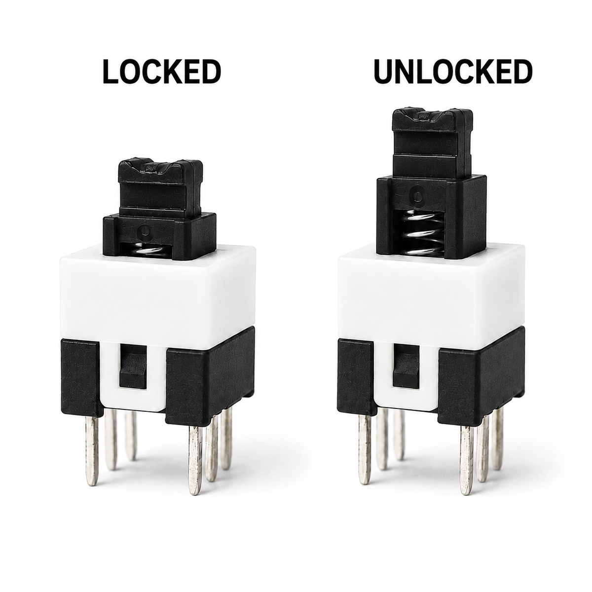 8.5x8.5mm push button switch shown locked and unlocked, self-locking latch action