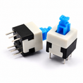 8x8mm 6-pin DPDT push button switch with blue cap, front and side view