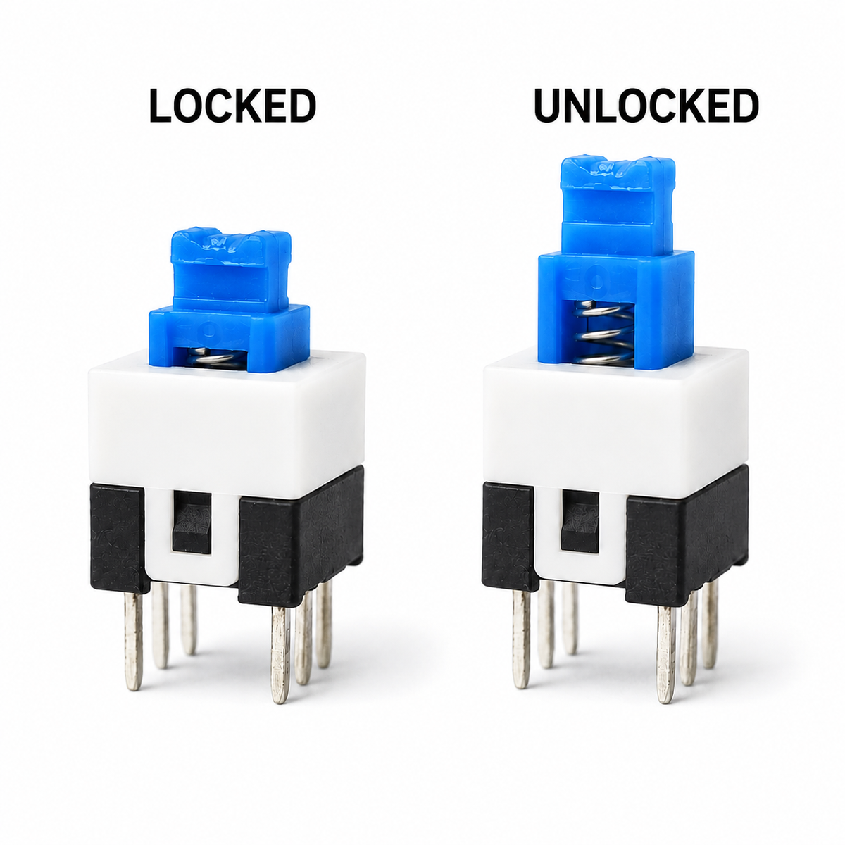 8x8mm push button switch shown locked and unlocked, self-locking latch action