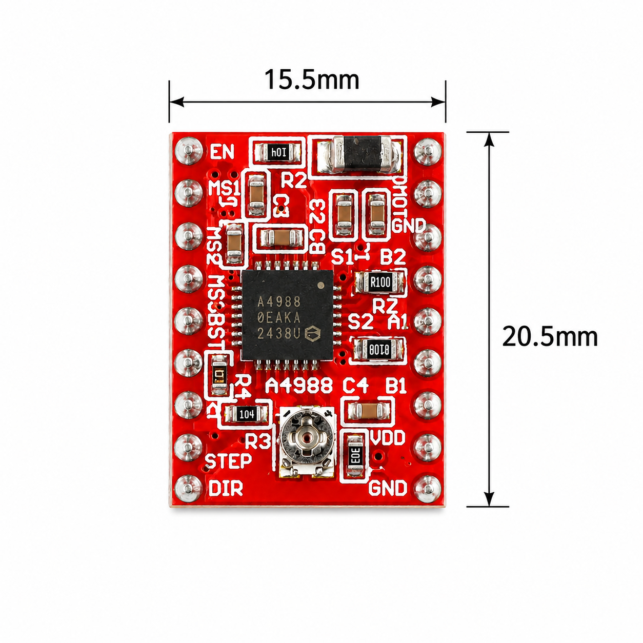 A4988 stepper driver board dimensions, 15.5mm by 20.5mm StepStick footprint