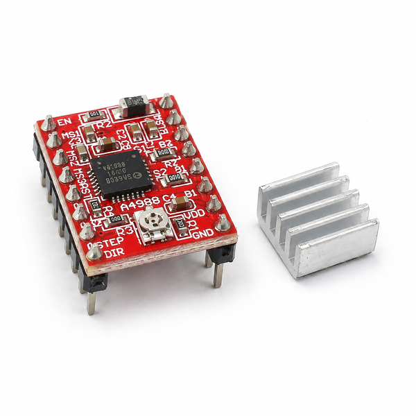 A4988 stepper motor driver module (red) with included aluminium heatsink
