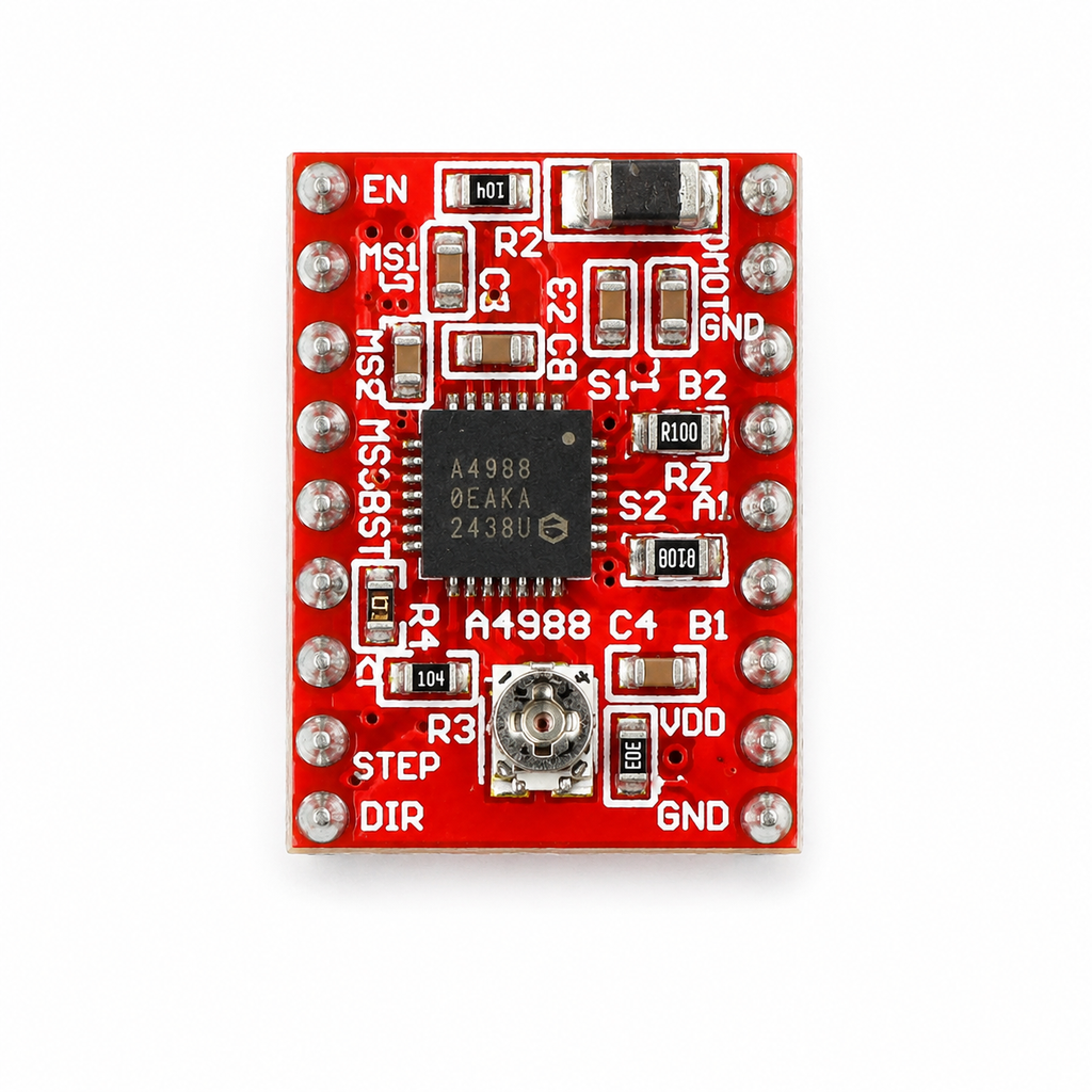 Top view of the A4988 stepper driver module showing the A4988 chip and pin labels