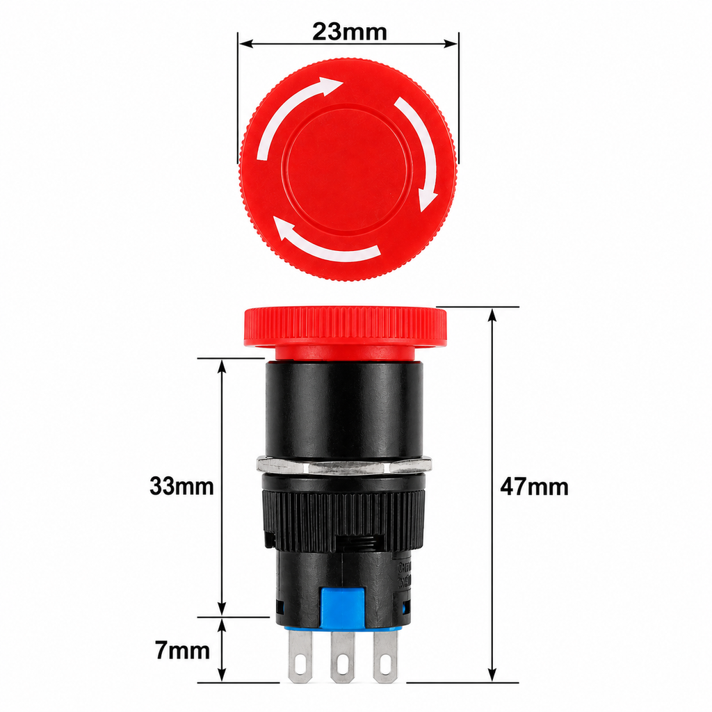 AB6-A 16mm emergency stop switch dimension drawing: 23mm head, 47mm overall length, 33mm body, 7mm terminals