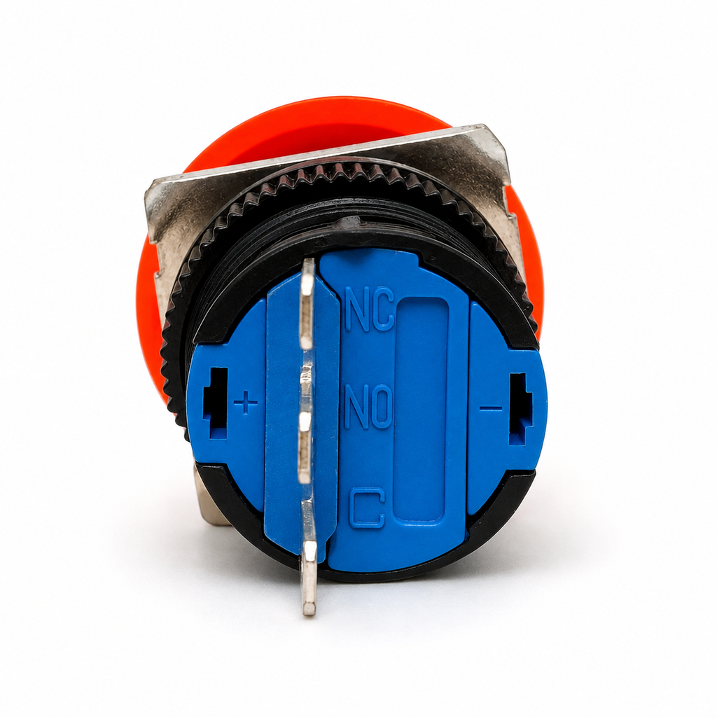 AB6-A 16mm emergency stop switch contact block close up with NC, NO and C terminals and plus and minus lamp tabs