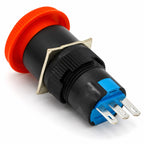 AB6-A 16mm emergency stop switch rear view showing the blue contact block and mounting plate