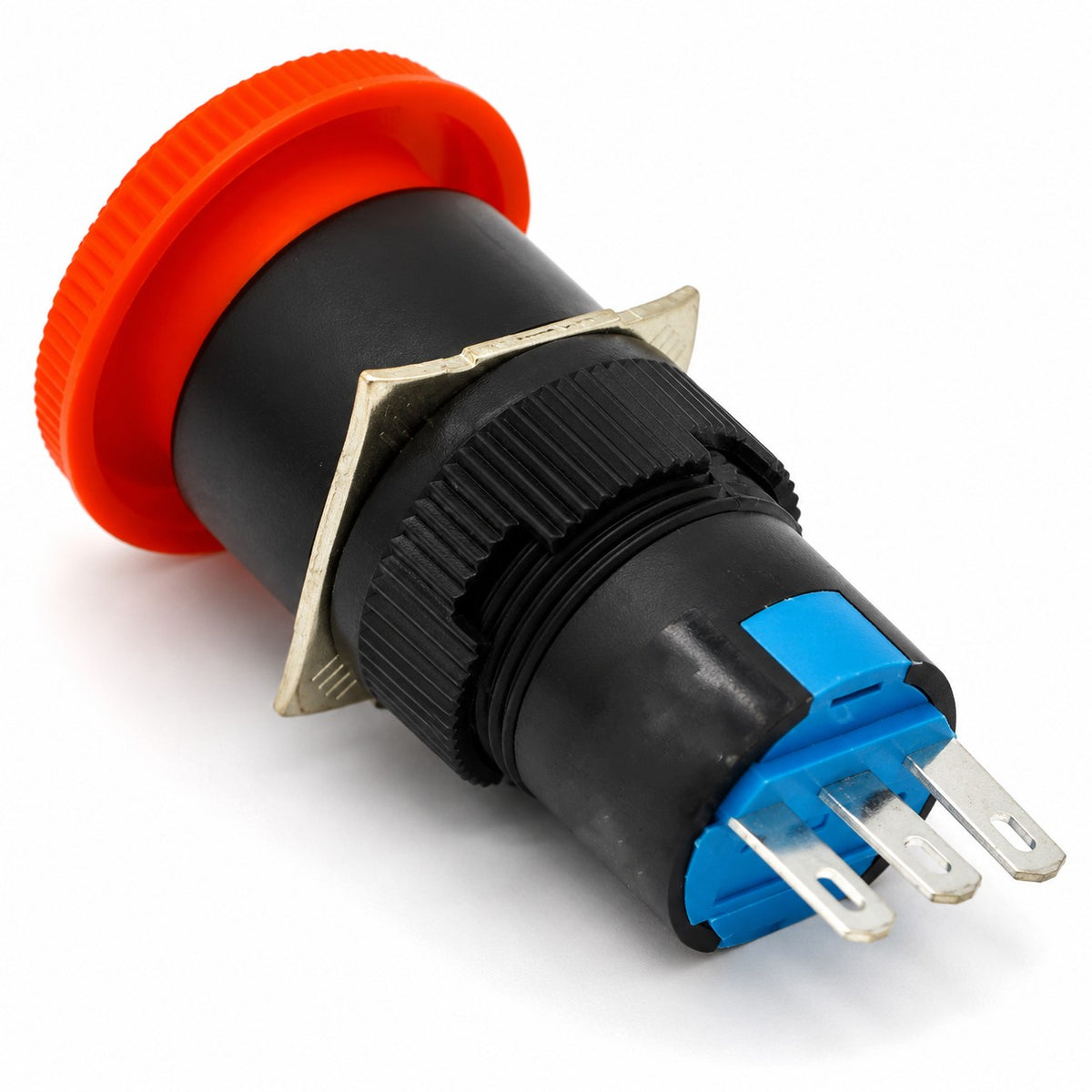 AB6-A 16mm emergency stop switch rear view showing the blue contact block and mounting plate