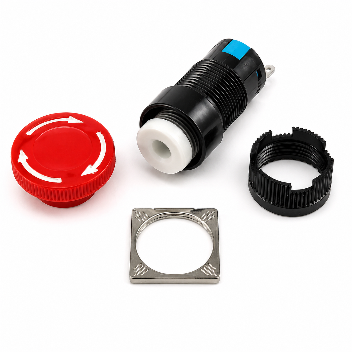 AB6-A 16mm emergency stop switch disassembled: mushroom head, body, anti-rotation plate and mounting nut