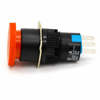 AB6-A 16mm emergency stop switch side view showing body marked AC 250V 3A DC 30V 5A and spade terminals