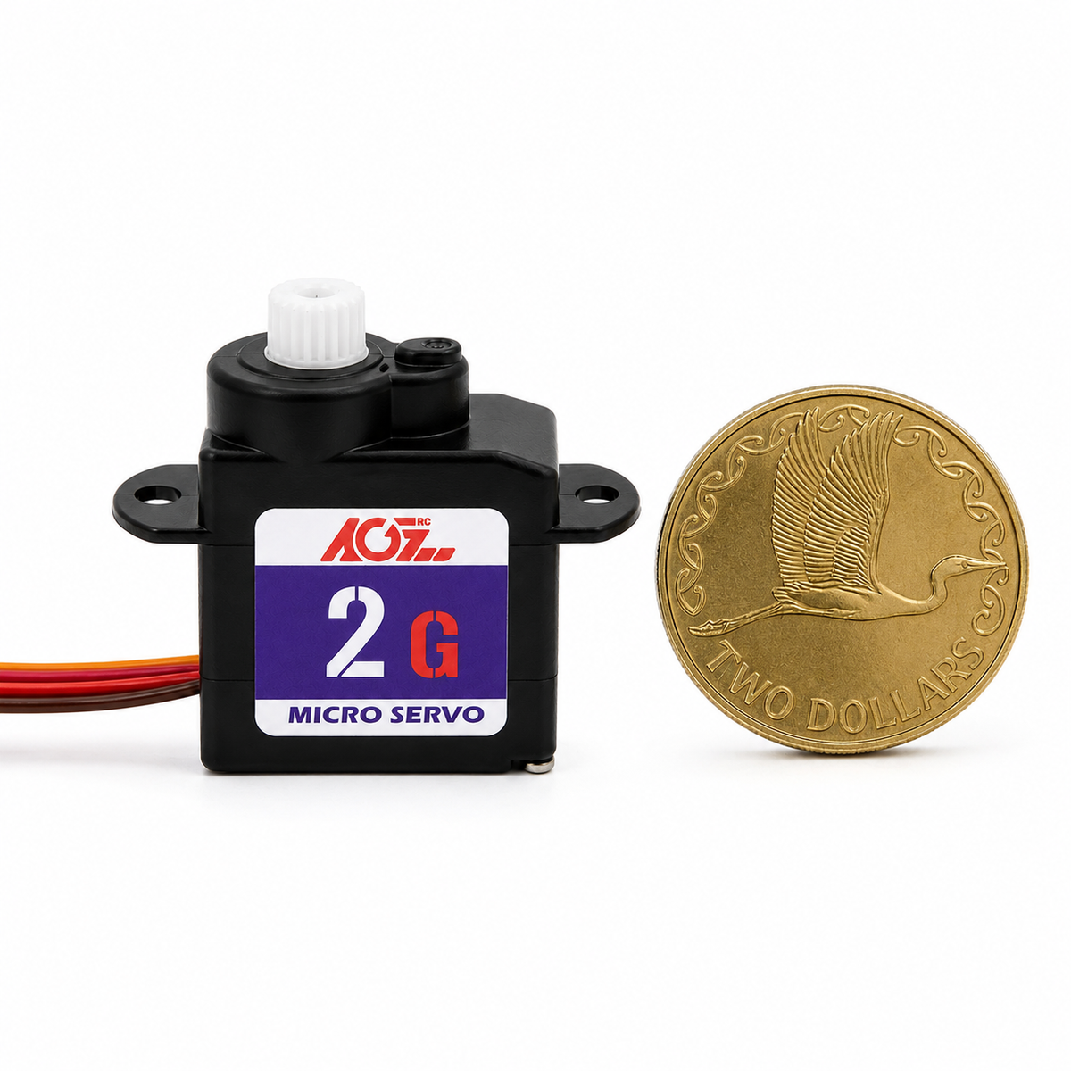 AGFRC C02CLS micro servo next to an NZ $2 coin for scale