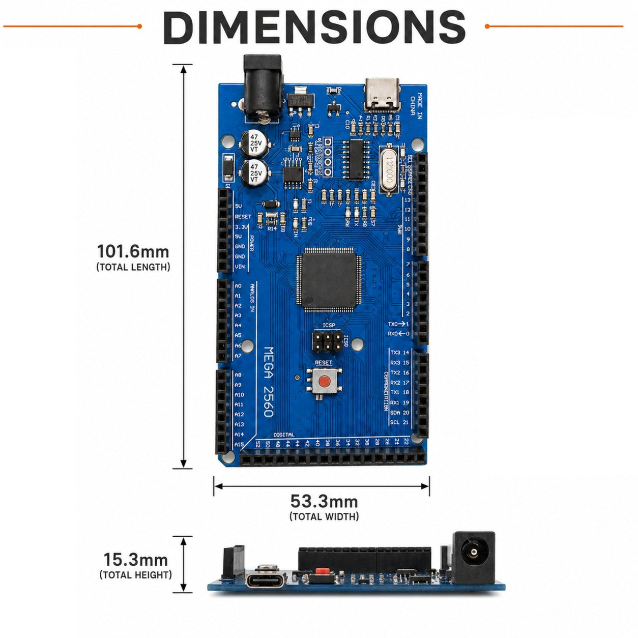 MEGA2560 R3 CH340 – ATmega2560 Development Board, USB-C, Compatible with Arduino