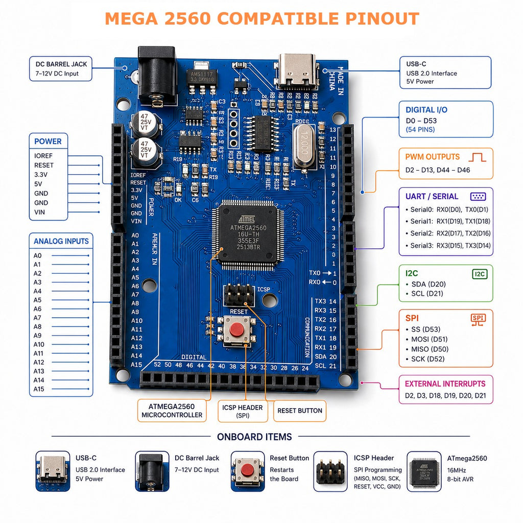 MEGA2560 R3 CH340 – ATmega2560 Development Board, USB-C, Compatible with Arduino
