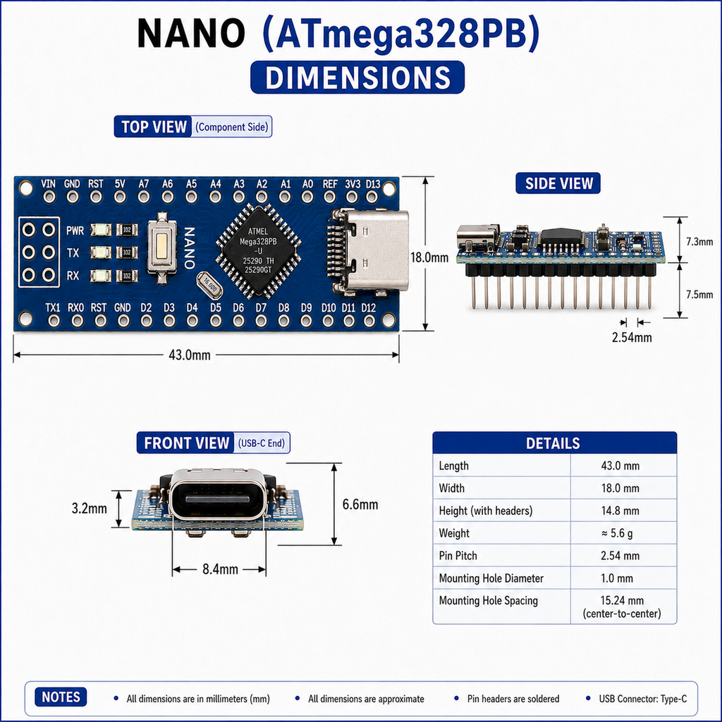 Arduino Nano V3.0 - USB-C - Unsoldered