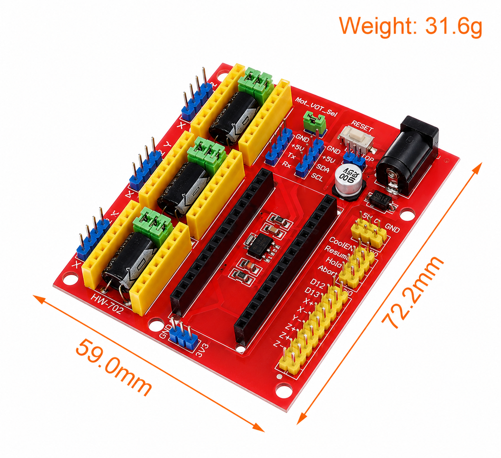 TZT CNC Shield V4 (HW-702) dimensions 59.0mm x 72.2mm, weight 31.6g