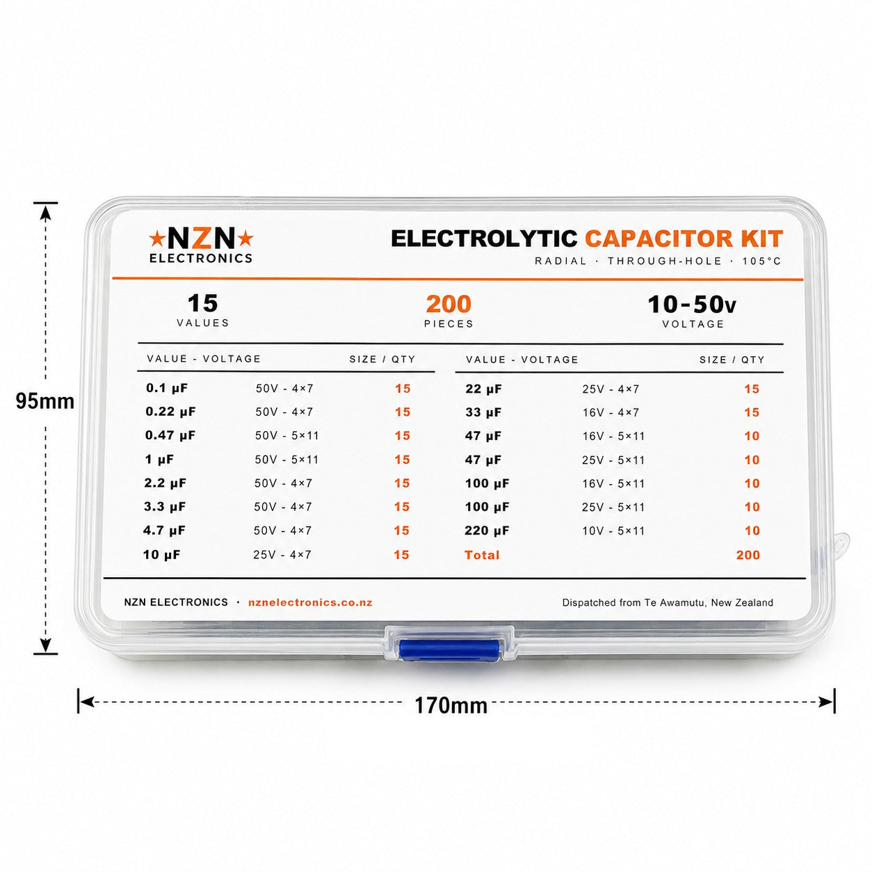 Electrolytic capacitor kit storage case dimensions