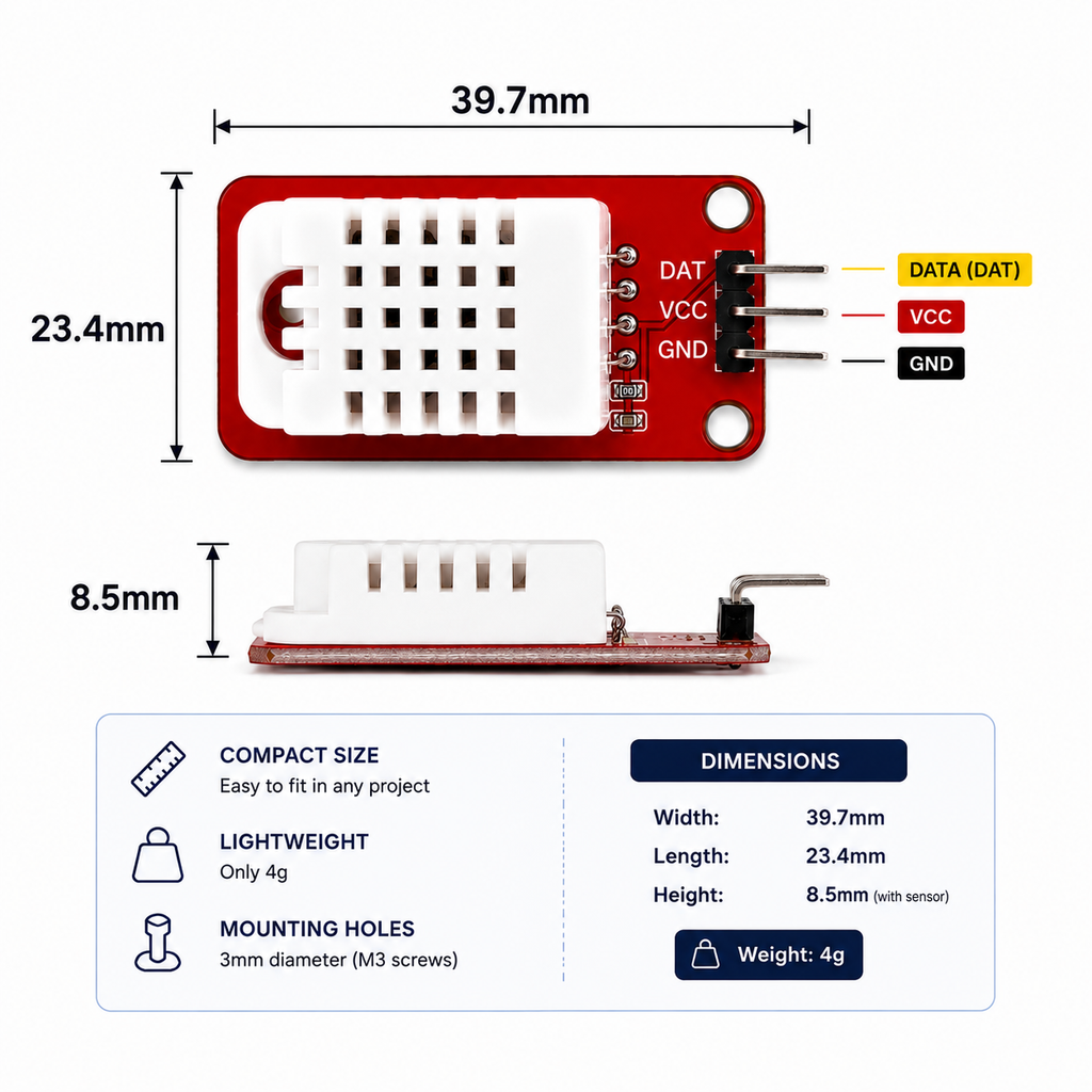 DHT22 / AM2302 sensor module dimensions, 39.7 x 23.4 x 8.5mm with DAT VCC GND pin labels