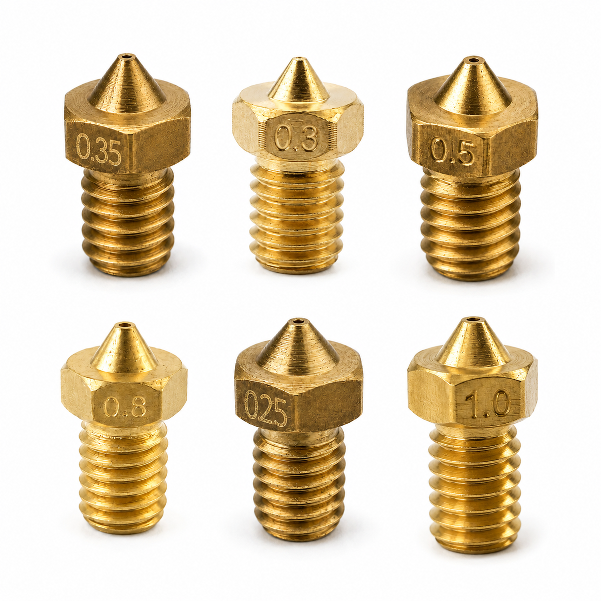 E3D V6 brass nozzles hero image - full range of tip sizes for 1.75mm filament 3D printers